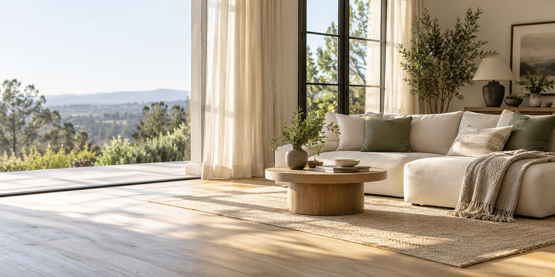 Sunlit living room with a cream sofa, light wood floor, and neatly arranged furnishings